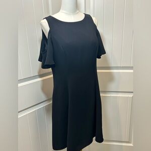 WHBM Black Cold Shoulder Dress Midi Fluttery Sleeves Fit & Flare Cocktail Dinner